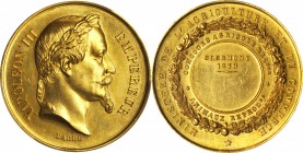 FRANCE. Ministry of Agriculture & Commerce Award Gold Medal, 1870. PCGS SP-63 Gold Shield.

34.5 mm; 24.88 gms. By Barre. Laureate bust of Napoleon ...