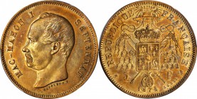 FRANCE. Essai 5 Franc, 1874. Brussels Mint. PCGS SP-62 Gold Shield.

Maz-2340 var. By Wurden. A popular private-issue satirical type, struck bearing...