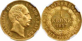 GERMANY. Bavaria. Krone, 1857. NGC MS-62.

Fr-280; KM-470. Obverse: Bare head right; Reverse: Uniform design, "VEREINSMÜNZE * 50 EIN PFUND FEIN" aro...