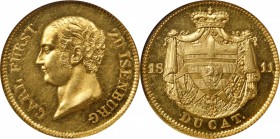 GERMANY. Isenburg. 2 Ducat, 1811. Carl of Isenburg-Birstein (1803-15). NGC MS-62.

Fr-1357. 6.96 grams. By J. Laroque. Obverse: Bare head left; Reve...