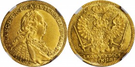 GERMANY. Nurnberg. Ducat, 1760-ILOE. NGC AU-55.

Fr-1910; KM-unlisted. Obverse: Mailed bust of Holy Roman Emperor, spouse of Maria Theresa right; Re...