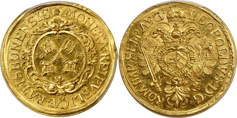 GERMANY. Regensburg. 4 Ducat, 1664-HF. PCGS MS-63 Gold Shield.

Fr-2479; KM-17...