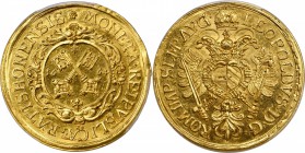 GERMANY. Regensburg. 4 Ducat, 1664-HF. PCGS MS-63 Gold Shield.

Fr-2479; KM-173. 13.85 grams. Obverse (placed as reverse in holder): Ornate oval cit...