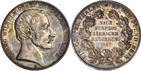 GERMANY. Schaumburg-Lippe. 2 Taler, 1857-B. Hannover Mint. PCGS MS-64.

Dav-908; KM-38. Struck for the 50th year of Georg Wilhelm's reign as Prince....
