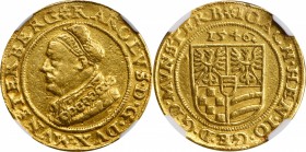 GERMANY. Silesia-Munsterberg-Oels. 3 Ducat, 1546. Joachim, Heinrich III and Karl II (1552-62). NGC VF-30.

Fr-3232 (plate coin). 10.15 grams. Obvers...