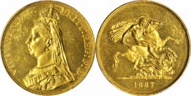 GREAT BRITAIN. 5 Pounds, 1887. PCGS Genuine--Graffiti, Unc Details Gold Shield.

Fr-390; S-3864; KM-769. Jubilee bust. Sharply struck with reflectiv...