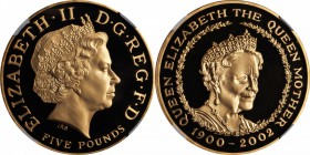 GREAT BRITAIN. 5 Pounds, 2002. NGC PROOF-70 ULTRA CAMEO.

Fr-456b; S-4556; KM-1035b. Struck on the death of Queen Elizabeth II's mother, Elizabeth B...