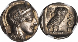 ATTICA. Athens. AR Tetradrachm (17.17 gms), ca. 440-404 B.C. NGC MS, Strike: 5/5 Surface: 3/5.

Svoronos-pl. 14#11. Helmeted head of Athena facing r...