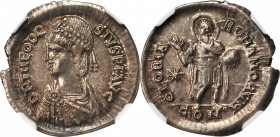THEODOSIUS II, A.D. 402-450. AR Light Millarensis (4.34 gms), Constantinople Mint, ca. A.D. 408-420. NGC AU, Strike: 3/5 Surface: 5/5.

RIC-370. "DN...