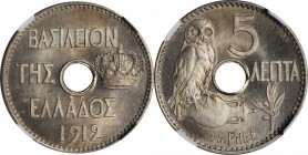 GREECE. Nickel 5 Lepta Pattern (Essai), 1912. NGC PROOF-66+.

KM-E24. Nearly identical to the adopted design, differing only in the addition of "ESS...