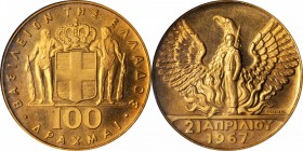 GREECE. 100 Drachmai, ND (1970). NGC MS-63.

Fr-21; KM-95; Geo-15. Struck in 1970 for the 1967 Revolution. Free of marks with bright orange tone app...