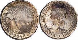 GUATEMALA. Central American Republic. 8 Reales, 1846/2-NG AE. Nueva Guatemala Mint. NGC MS-63.

KM-4. Assayer "AE/MA", "CREZCA/CRESCA" variety. Seld...