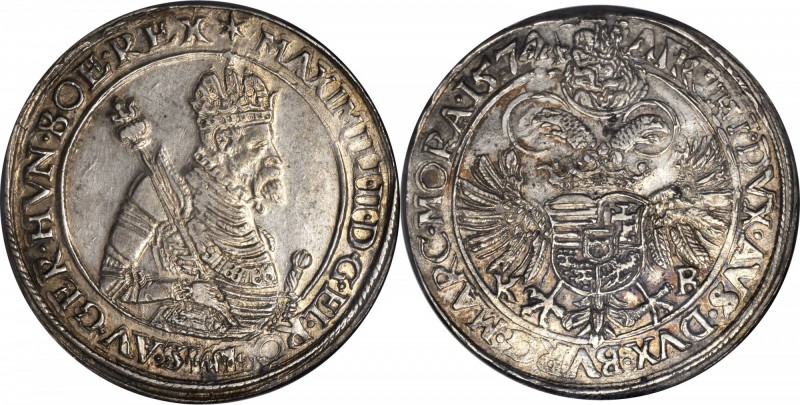 HUNGARY. Taler, 1574-KB. Kremnitz Mint. Maximilian II (1564-76). NGC EF-45.

D...