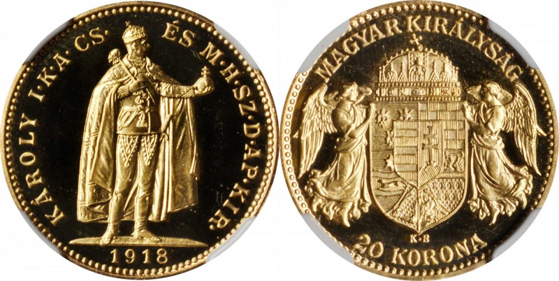 HUNGARY. Gold Restrike 20 Korona, 1918-KB (2010). Kremnitz Mint. NGC PROOF-69 CA...