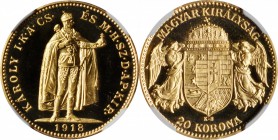 HUNGARY. Gold Restrike 20 Korona, 1918-KB (2010). Kremnitz Mint. NGC PROOF-69 CAMEO.

Fr-259; KM-500. From a mintage of only 100 pieces. Essentially...