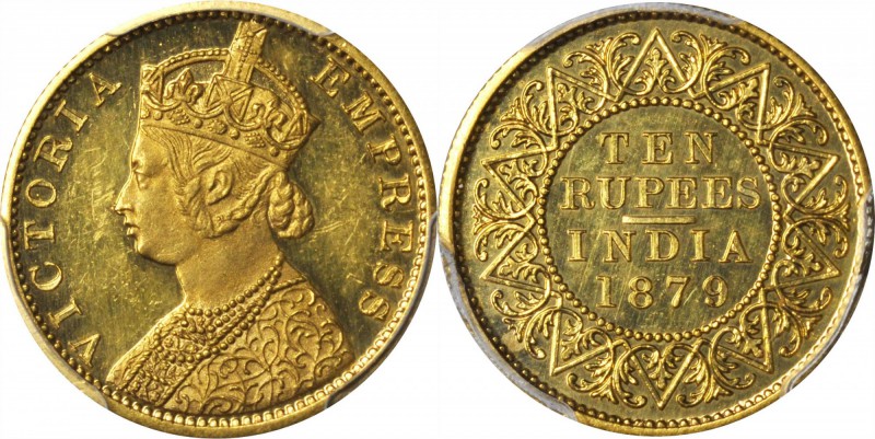 INDIA. 10 Rupees Restrike, 1879-(b). Bombay Mint. PCGS PROOF-63 CAMEO Gold Shiel...