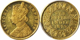 INDIA. 10 Rupees Restrike, 1879-(b). Bombay Mint. PCGS PROOF-63 CAMEO Gold Shield.

Fr-1606a; KM-495; cf.S&W-6.21. An intermediate period restrike w...