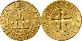 ITALY. Genoa. 5 Doppie, 1600. Biennial Doges (1528-1797). PCGS AU-50 Gold Shield.

Fr-416, CNI 2, Pl XII:7; MIR-199 (R4). 33.22 grams. Obverse: Cast...