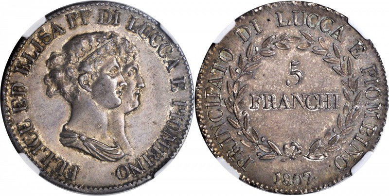 ITALY. Lucca & Piombino. 5 Franchi, 1807. NGC MS-61.

Dav-203; KM-24.3. A popu...