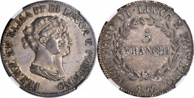 ITALY. Lucca & Piombino. 5 Franchi, 1807. NGC MS-61.

Dav-203; KM-24.3. A popular Napoleonic issue featuring the conjoined busts of Elisa Bonaparte,...