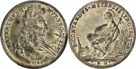 ITALY. Modena. 80 Soldi (1/2 Ducato), 1728. Rinaldo d'Este (1706-37). PCGS AU-58 Gold Shield.

MIR-832/3. Exceptional quality for the issue with a s...