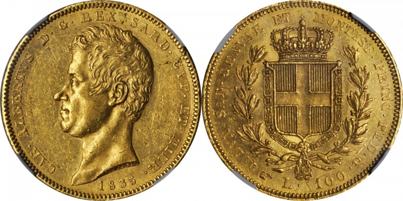 ITALY. Sardinia. 100 Lire, 1835-P. Turin Mint (Eagle). NGC AU-58.

Fr-1138; KM...