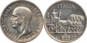 ITALY. 20 Lire, 1937. NGC MS-60.

KM-81. VERY RARE date with a mintage of 50 pieces. Attractive quality for the assigned grade with shimmering quali...