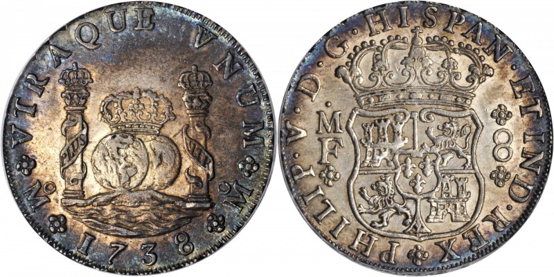 MEXICO. 8 Reales, 1738-Mo MF. Mexico City Mint. Philip V (1700-46). PCGS AU-58 G...