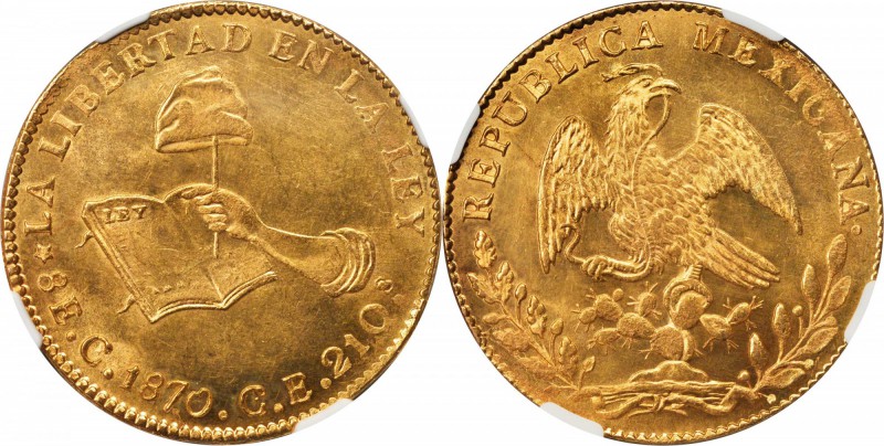 MEXICO. 8 Escudos, 1870-C CE. Culiacan Mint. NGC MS-63.

Fr-66; KM-383.2. Trem...
