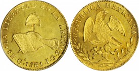 MEXICO. 8 Escudos, 1861/0-Ga JG. Guadalajara Mint. PCGS MS-63 Gold Shield.

Fr-91; KM-383.5. On both sides, intense luster illuminates the yellow go...