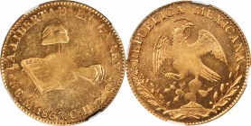 MEXICO. 8 Escudos, 1867-Mo CH. Mexico City Mint. NGC MS-62.

Fr-64; KM-383.9. Fully prooflike in the fields with some strike softness appearing in t...
