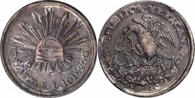 MEXICO. 8 Reales, 1824-Do RL. Durango Mint. PCGS AU-50.

KM-376.2; HO-D8/S4. "Hookneck" design with defiant snake and small Libertad. Attractive qua...