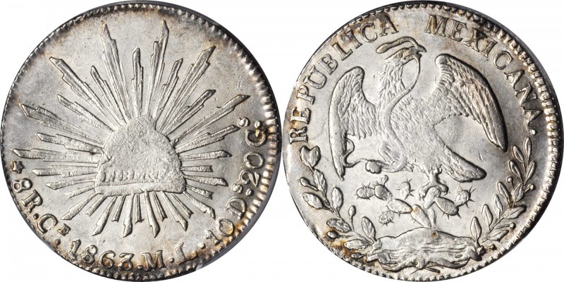 MEXICO. 8 Reales, 1863-Ce ML. Real de Catorce Mint. PCGS MS-62 Gold Shield.

K...