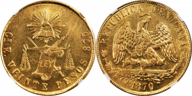 MEXICO. 20 Pesos, 1870-Cn E. Culiacan Mint. NGC MS-62.

Fr-122; KM-414.2. Firs...