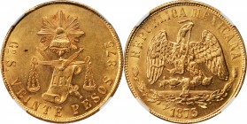 MEXICO. 20 Pesos, 1873-Go S. Guanajuato Mint. NGC MS-62.

Fr-124; KM-414.4. Lustrous and boldly defined with a few blended marks in the field to the...