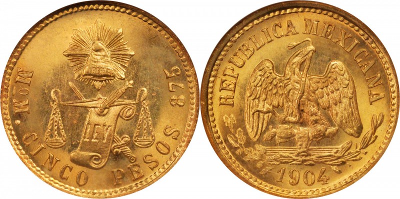 MEXICO. 5 Pesos, 1904-Mo M. Mexico City Mint. NGC MS-66.

Fr-139; KM-412.6. Im...