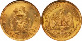 MEXICO. 5 Pesos, 1904-Mo M. Mexico City Mint. NGC MS-66.

Fr-139; KM-412.6. Immaculate quality with a razor sharp strike, blazing luster and rich or...