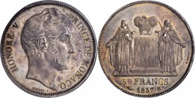 MONACO. 5 Franc, 1837-M. Toulouse Mint. PCGS MS-63.

Dav-219; KM-96; Gad-107. One year type. Perfectly struck with sharp detail over the designs and...