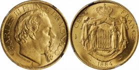 MONACO. 100 Franc, 1884-A. NGC MS-64.

Fr-11; KM-99; Gad-MC122. Far better than most seen with intense luster in the fields that immediately catches...