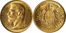 MONACO. 100 Franc, 1895-A. Paris Mint. PCGS MS-64.

Fr-13; Gad-MC124; KM-105. Seldom rivaled quality for this short-lived type with vibrant luster i...
