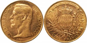 MONACO. 100 Franc, 1896-A. PCGS MS-62 Gold Shield.

Fr-13; KM-105; Gad-MC124. Handsome Mint State quality with bright gleam in the fields and attrac...