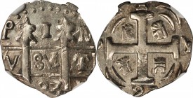 NICARAGUA. Leon. Real, (18)23-PM PY. NGC MS-62.

KM-8.1 (under Honduras). 3.55 grams. Pillar tops are "pine tree" style, lions and castles in quadra...