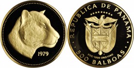PANAMA. 500 Balboas, 1979-FM. NGC PROOF-69 ULTRA CAMEO.

Fr-7; KM-62. Golden Jaguar issue from a mintage of only 1,657 pieces. An exceptional exampl...
