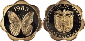 PANAMA. 500 Balboas, 1983-FM. Franklin Mint. NGC PROOF-69 ULTRA CAMEO.

Fr-30; KM-96. Owl butterfly on a scalloped edge planchet. From a mintage of ...