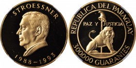PARAGUAY. 300000 Guaranies, ND (1988). NGC PROOF-69 ULTRA CAMEO.

Fr-28; KM-174. Struck in celebration of the 8th term of President Stroessner with ...