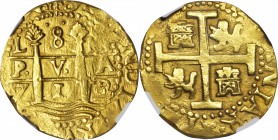 PERU. 8 Escudos, 1712-LM. Lima Mint. Philip V (1700-46). NGC AU Details--Removed from Jewelry.

Fr-7; KM-38.2; Cal-Type 5#23. 26.95 grams. Nearly fu...