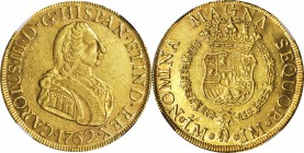 PERU. 8 Escudos, 1762-LM JM. Lima Mint. Charles III (1759-88). NGC AU-53.

Fr-24; KM-68; Cal-type-4#10. Two year type. An impressively wholesome exa...