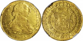 PERU. 8 Escudos, 1789-LM IJ. Lima Mint. Charles IV (1788-1808). NGC AU-58.

Fr-36; KM-92; Cal-Type-3#6. Two year transitional bust type in the name ...