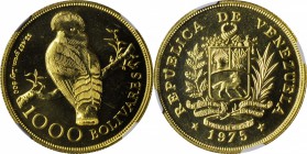 VENEZUELA. 1000 Bolivares, 1975. NGC MS-65.

Fr-8; KM-Y48.1. Conservation Series issue featuring the Cock of the Rock (detailed wings variety) with ...