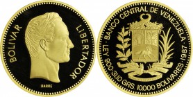 VENEZUELA. 10000 Bolivares, 1987. PCGS PROOF-69 DEEP CAMEO Gold Shield.

Fr-11; Y-61. Exceptionally produced with extreme frost on the raised surfac...